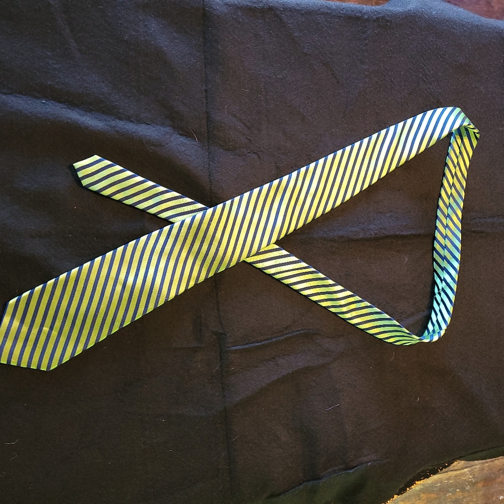 Green silk necktie with diagonal blue stripes